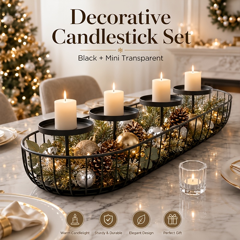 item picture decorative candle holder set black mini transparent oval mesh wrought iron four pillar candle holder tray matte black long metal candle stand openwork mesh table centerpiece christmas table decoration four hole long candle holder