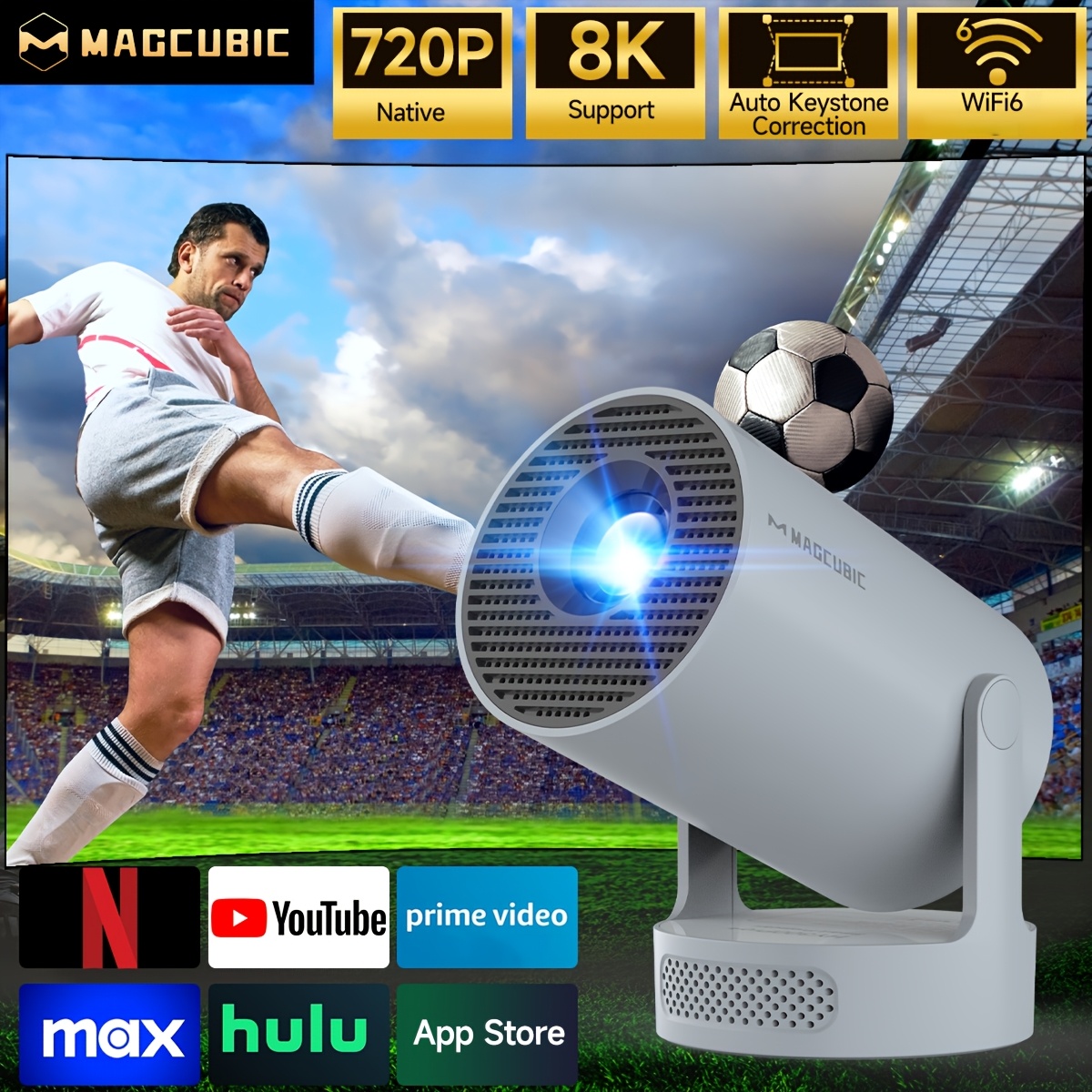 Magcubic Hy300Pro+ Pametni Projektor, BT5.2 Lokalni 720P & 4K Podpira, 180° Vrtljiv, Samodejna Korekcija , Prenosni Projektor za Domači Kino za