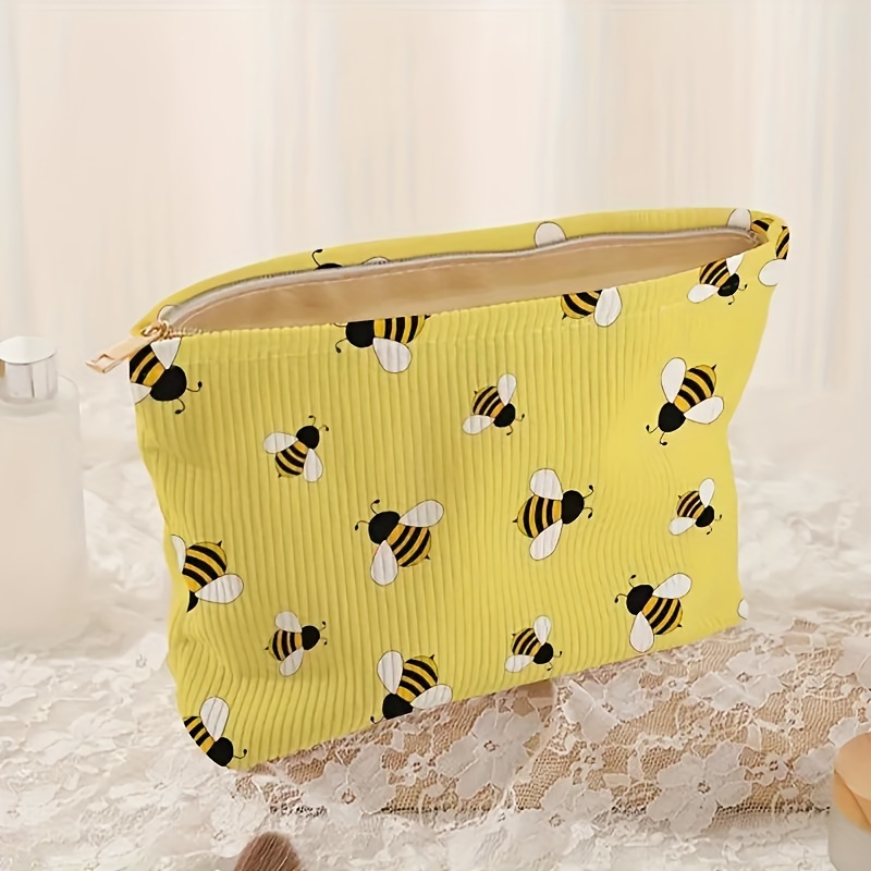Bee Print Corduroy Zip Pouch, Hand-drawn Honeybee Pattern Cosmetic Bag, Lightweight Makeup Organizer With Lining, Multifunctional Toiletry Bag