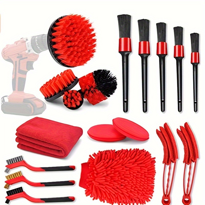 

18pcs Car Detailing Brush Set - Perfect For Cleaning Wheels, Dashboard, Interior & Exterior Trim, Air Vents - Red