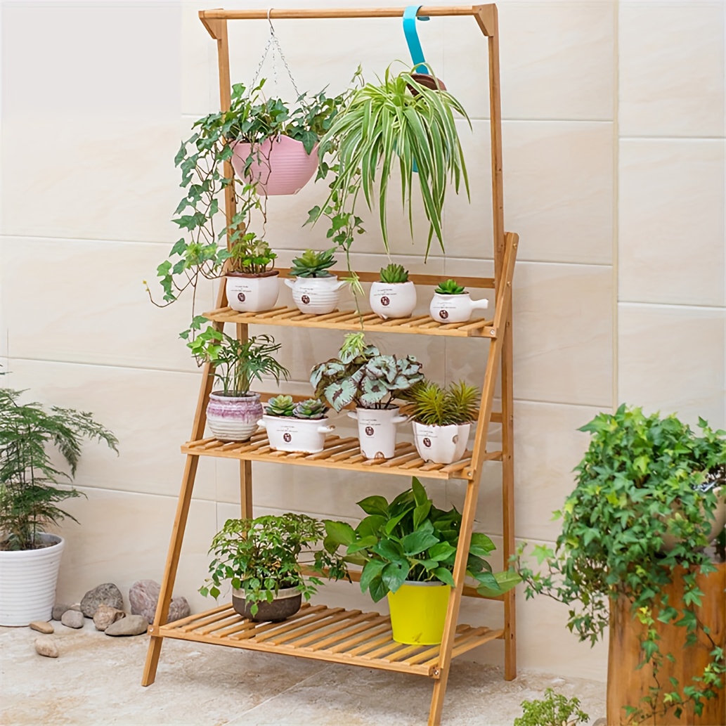E-shop 3-stufiger Bambus-Pflanzenständer, faltbare Hängeblumenregal, Topf-Organizer mit höhenverstellbarer Hängestange, Pflanzenleiter für Terrasse