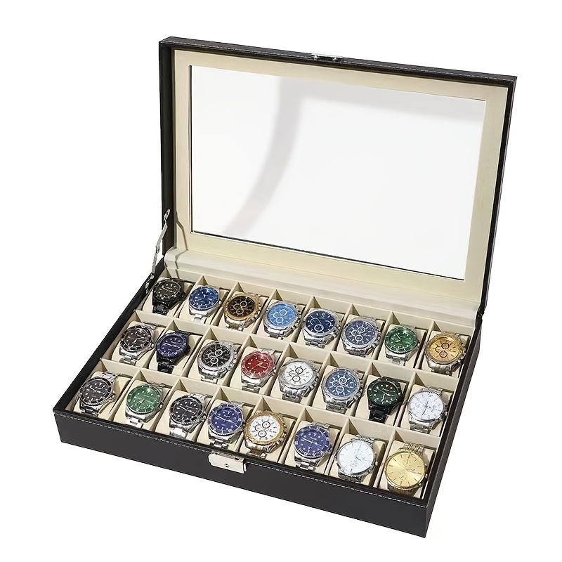24 slot black   leather watch box with interior rectangular lock closure display case for watches bracelets necklaces and collectibles large capacity watch organizer watch not included