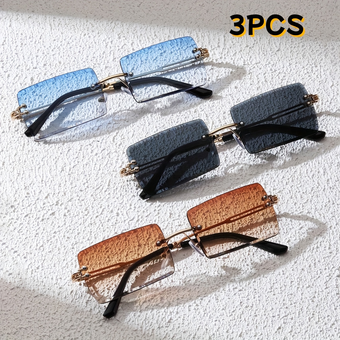 

3 Pcs Rimless Rectangular Glasses Gradient Lenses, Metal Fashion Eyewear, For Outdoor, Beach, And Travel, Stylish Frameless Glasses Set