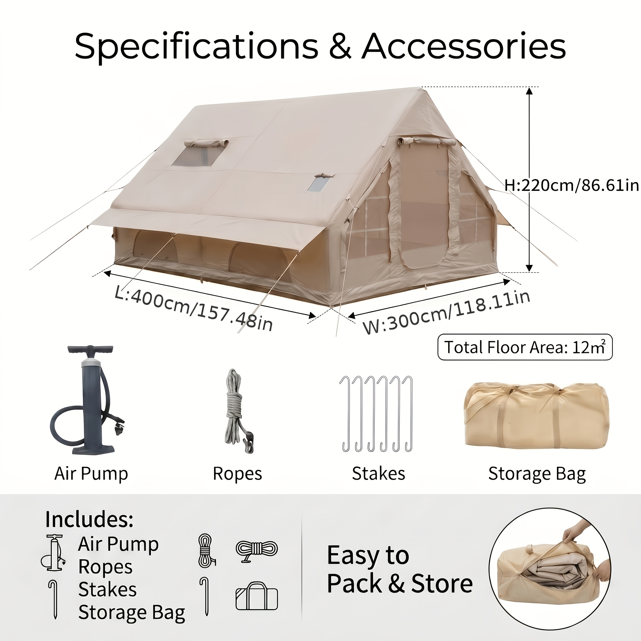 Image of 8 Person Inflatable Camping Tent, 12 Square Meters Spacious Tent With Skylight And Chimney Hole, 5-minute Easy Setup Tent For , Glamping, Luxury Camping Gear, With Carry Bag And Additions