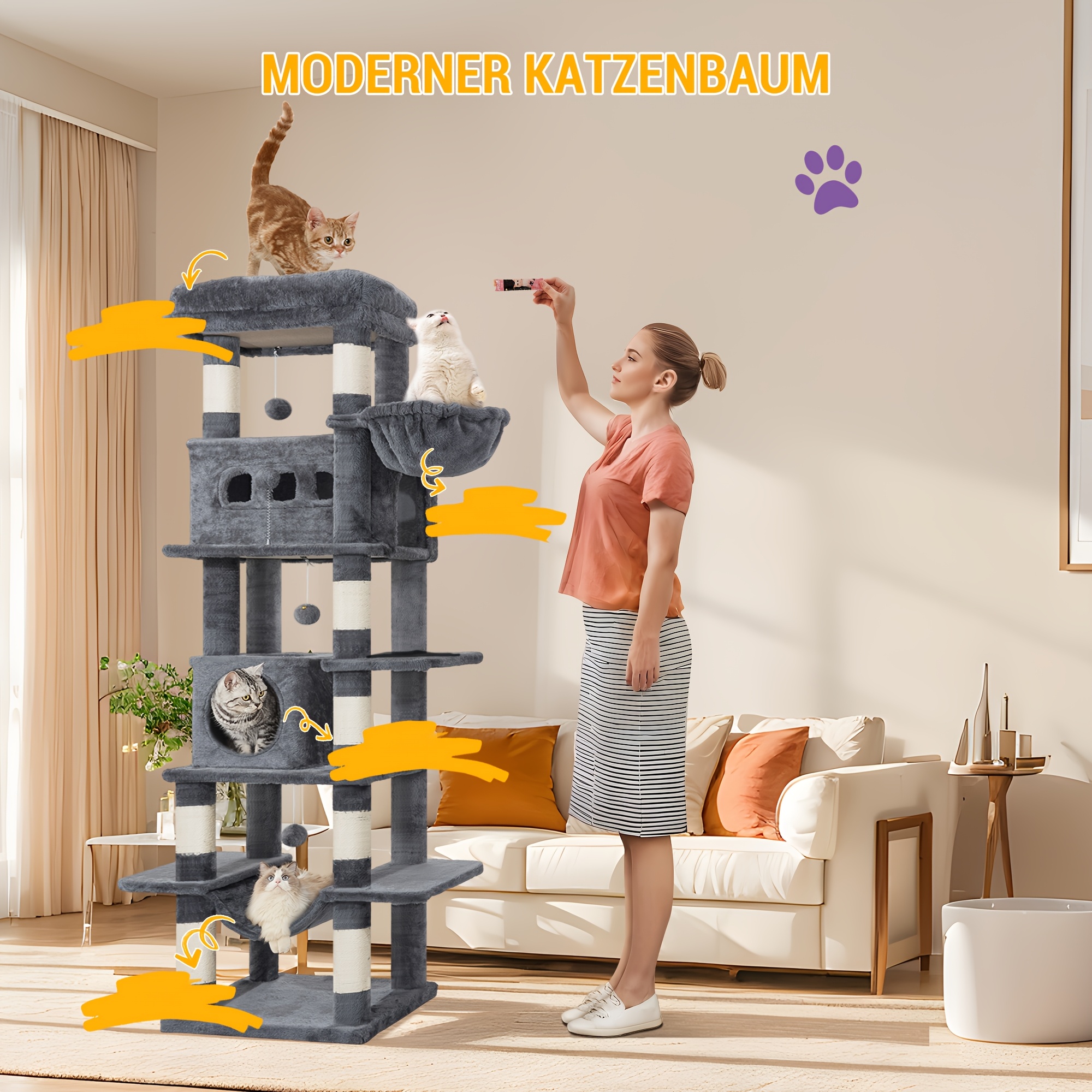 Artikelbild hoher katzenbaum, 170 cm hoch, mit 8 kratzstämmen, 2 verstecken, geräumigen plattformen, einer waschbaren matte, einer hängematte, plüschbällen und mehreren ebenen