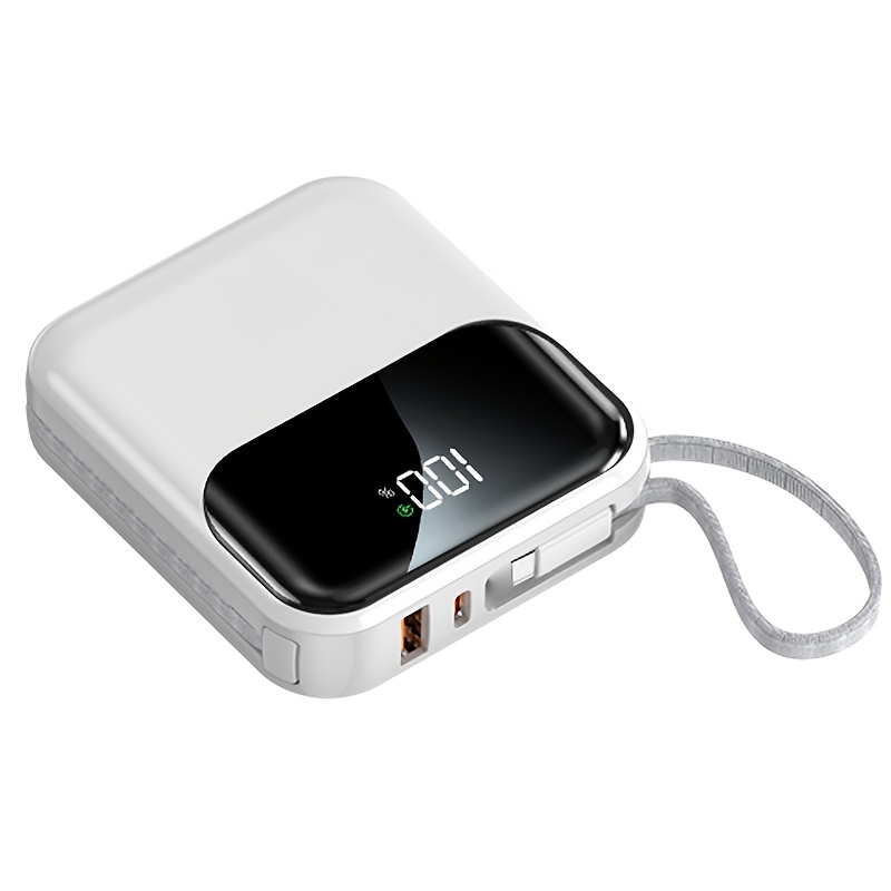 TEMU 10000mah Portable Charger Mini Power Bank, 20w Super Fast Charging Portable Phone Charger, Built-in Cable (usb-c Output Cable), Led Display,