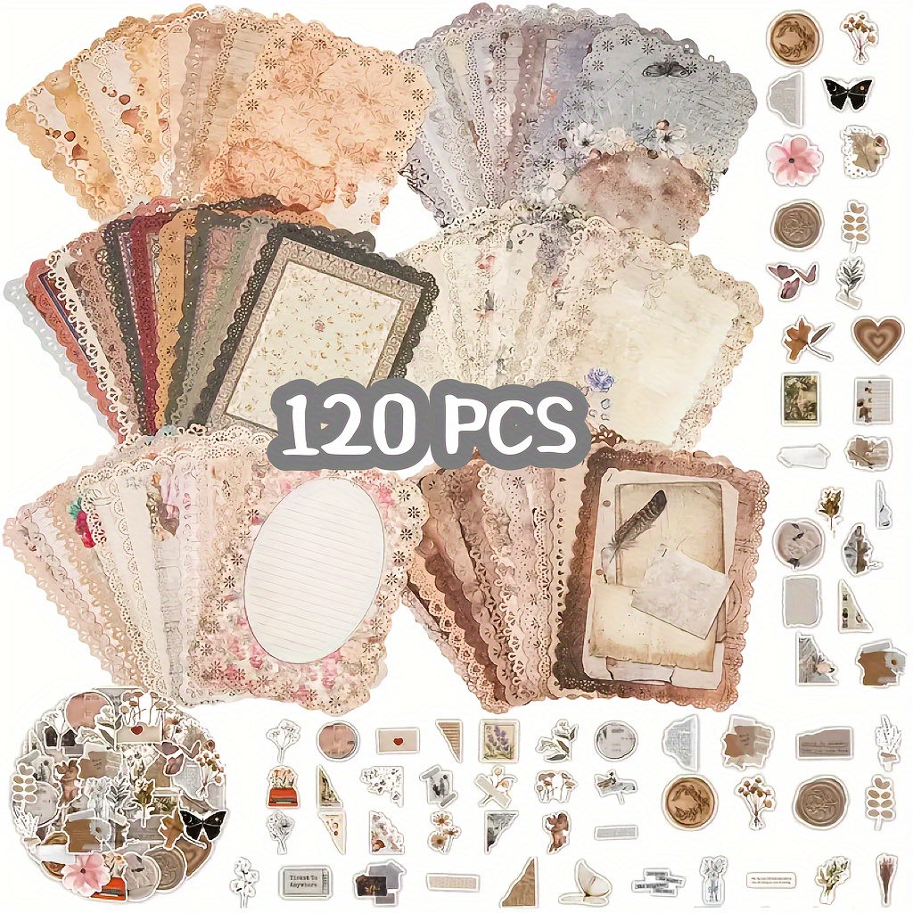 

120pcs Set, 60 Lace Decorative Notebook Paper, 60 Vintage Stickers, Used For Letter Writing, Decoration, Planner, Bullet Diary Supplies, Collage Background, 4.9x6.9 Inches