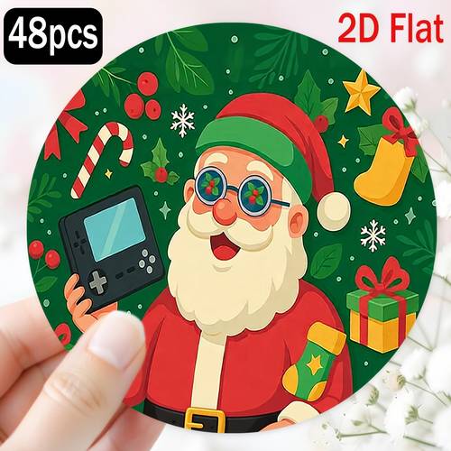foto e artikullit stickers të rrumbullakëta 2d të sheshta 48 copë santa gamer për festat me konsolë retro dhe festive i përkryer për dhurata dhe etiketa paketimi për dhurata për festat e krishtlindjeve, 2d të sheshta
