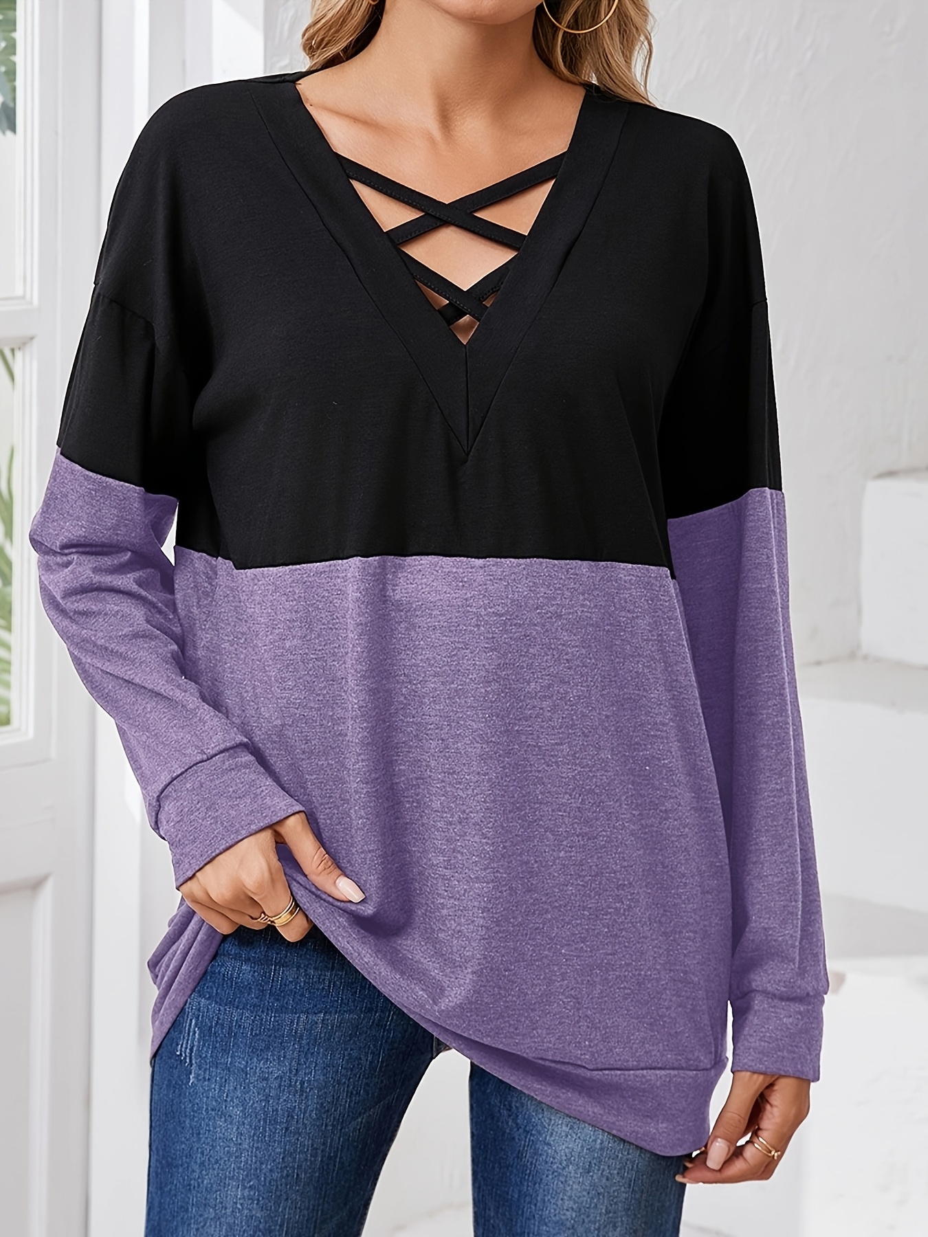 Plus Size, Women's Casual Long Sleeve T-Shirt - Color-Blocked V-Neck Cross-Strap Design, Black & Olive Green, Machine Washable, Spring Summer Fall Essential, Everyday Outfit, Stylish Pullover, Comfortable Fit, Pullover Top, Casual Attire