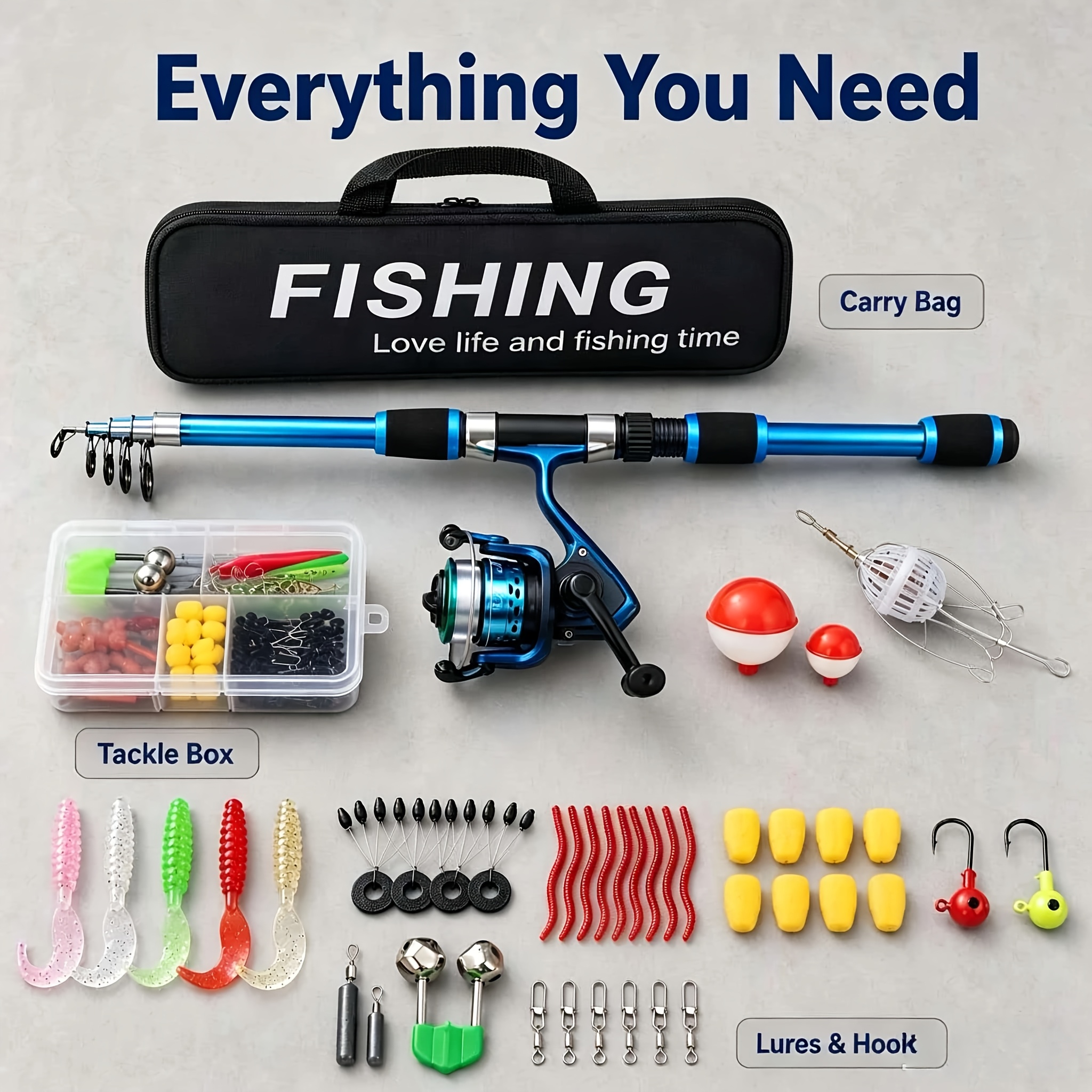 TEMU Complete Beginner Lure Fishing Rod & Reel Set With Telescopic Spinning Gear, Manual Retractable Rods, Bait/hooks/fishing Bag Suitable For