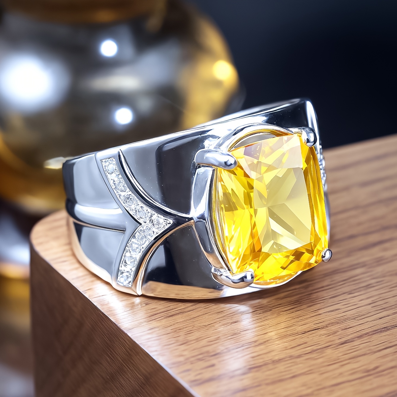 Men's S925 Silver Yellow Square Main Stone Ring