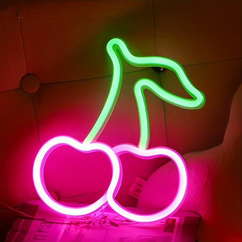 1pc of cherry neon sign usb or battery powered cute fruit wall decoration led light suitable for summer decor restaurants bars fruit stores bedrooms weddings birthday parties game room decoration night decoration sign