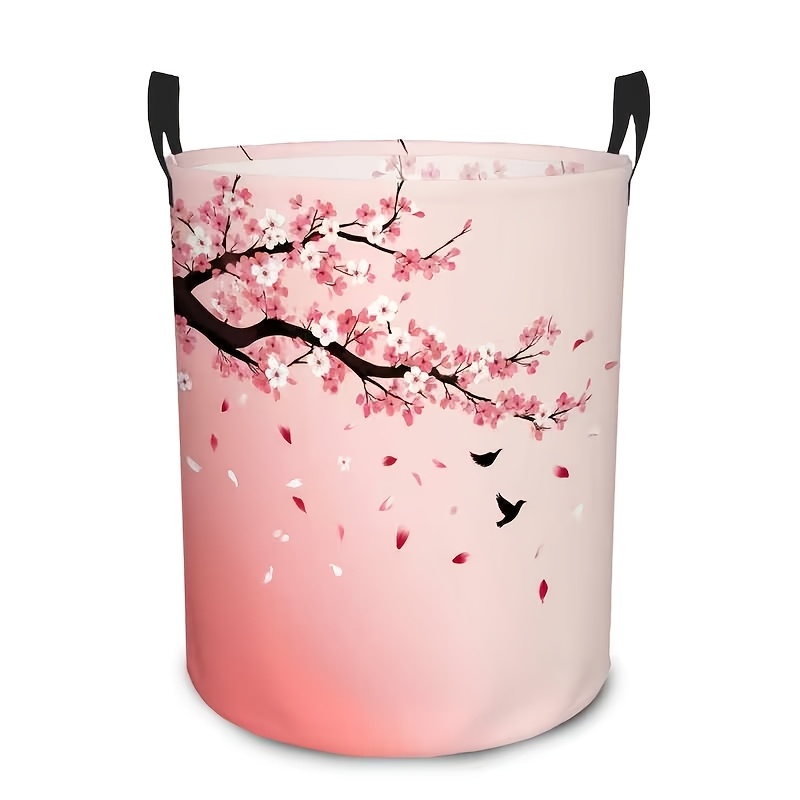 TEMU 1pc Cherry & Flying Bird Storage Basket With Sturdy Handle - Round Canvas Organizer Suitable For Bathroom, Bedroom, Wardrobe - Compact Laundry