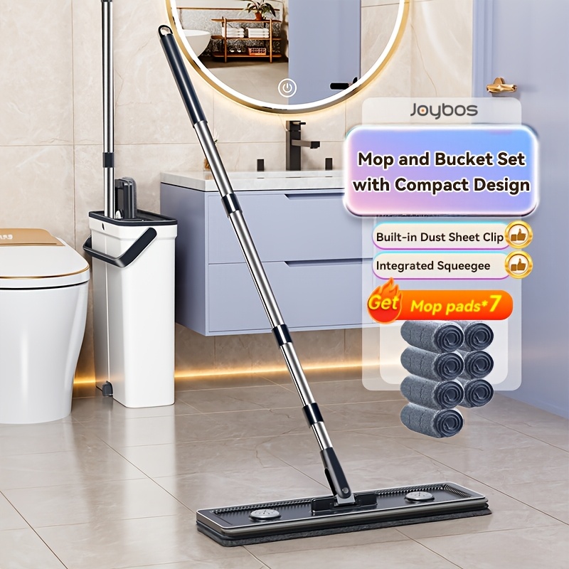 TEMU Compact Mop And Bucket Set, Flat Mop And , Mop Bucket With Wringer, Hands Mop, Wet Dry Mop For Apartment, Wall Mop, 7 Washable Microfiber Mop