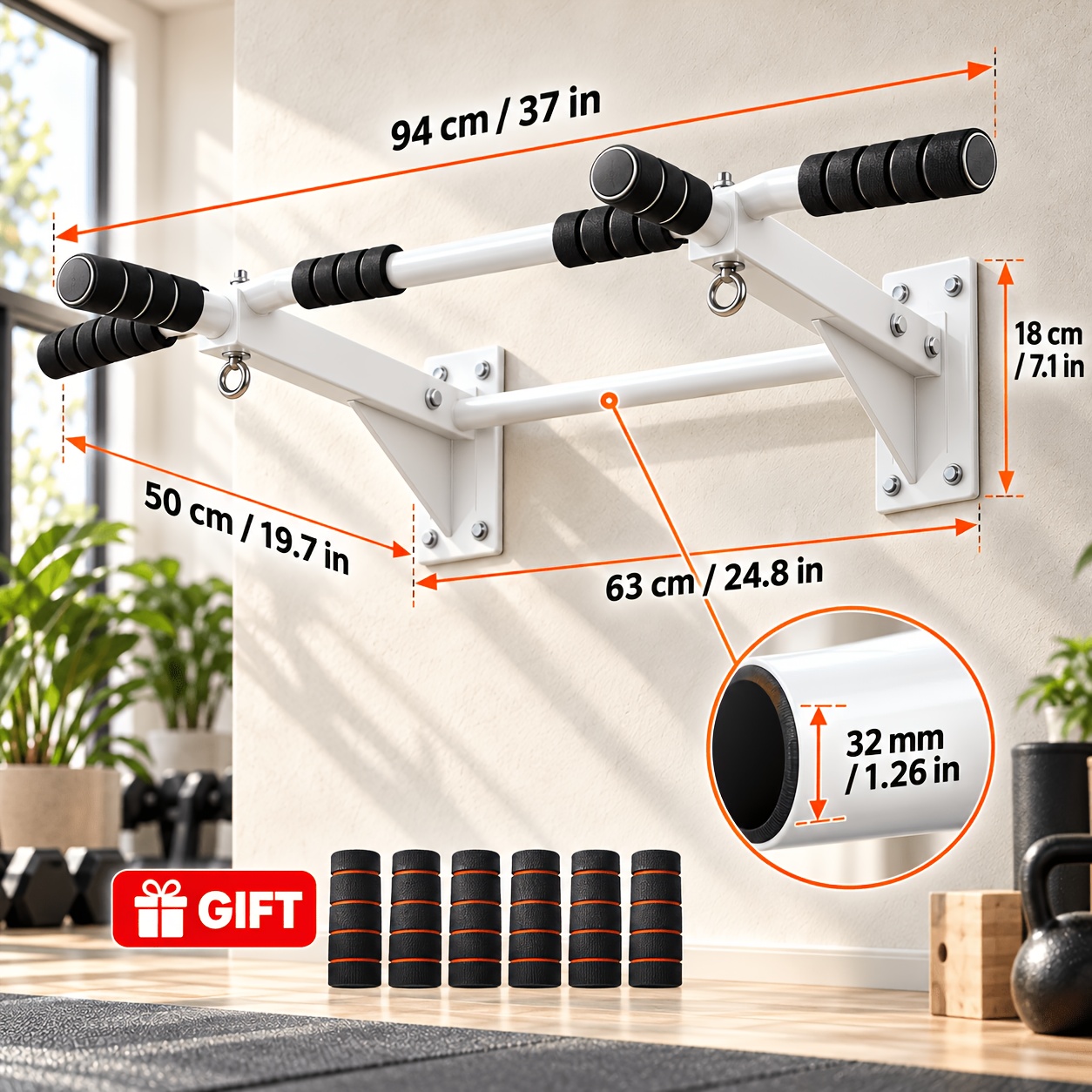 Image of Wall Mounted Pull Up Bar, Multi-grip Chin-up Bar For Home Gym Workout, Free 6 Sockets, Drill-installed, Heavy-duty & Stable Training Bar With 440lbs Capacity