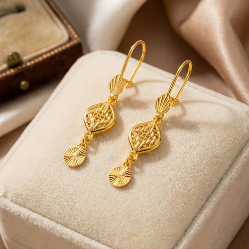 24k golden plated dangle earrings for women vintage geometric drop earrings with mini round charm hypoallergenic copper base jewelry gift