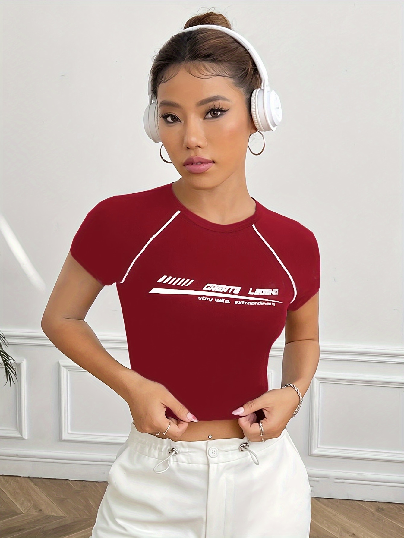 women's summer casual short sleeve t shirt maroon white - Temu