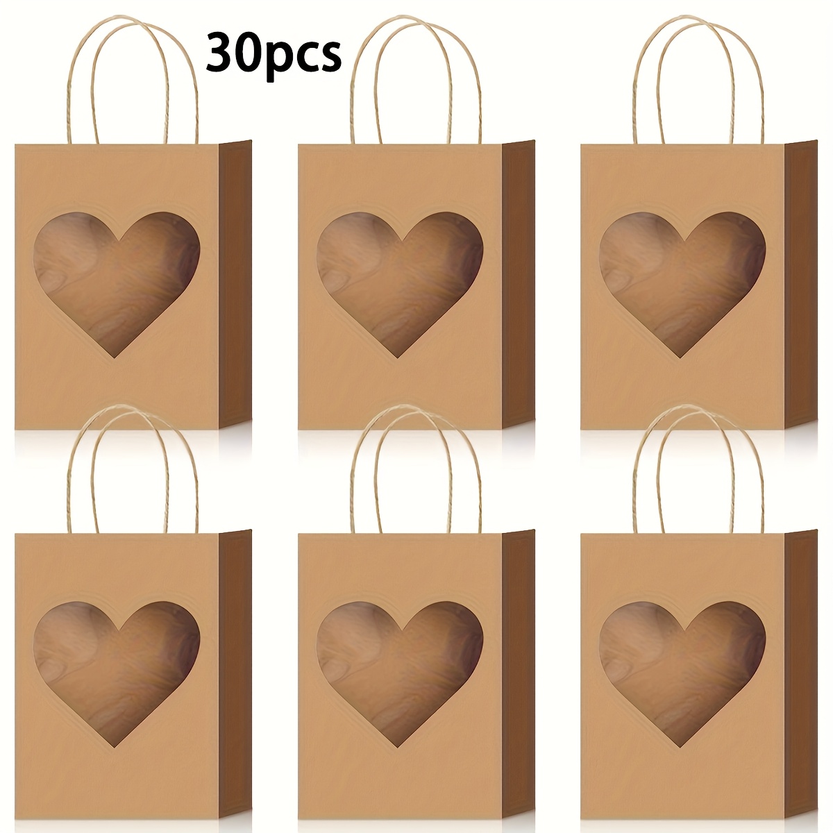 E-shop 10/ Stück Kraftpapier-Herzförmige Geschenktüten mit Transparentem Fenster Stabilen Griffen, Rustikale Warme Papiertüten, Größe 16×8×22 cm, Ideal