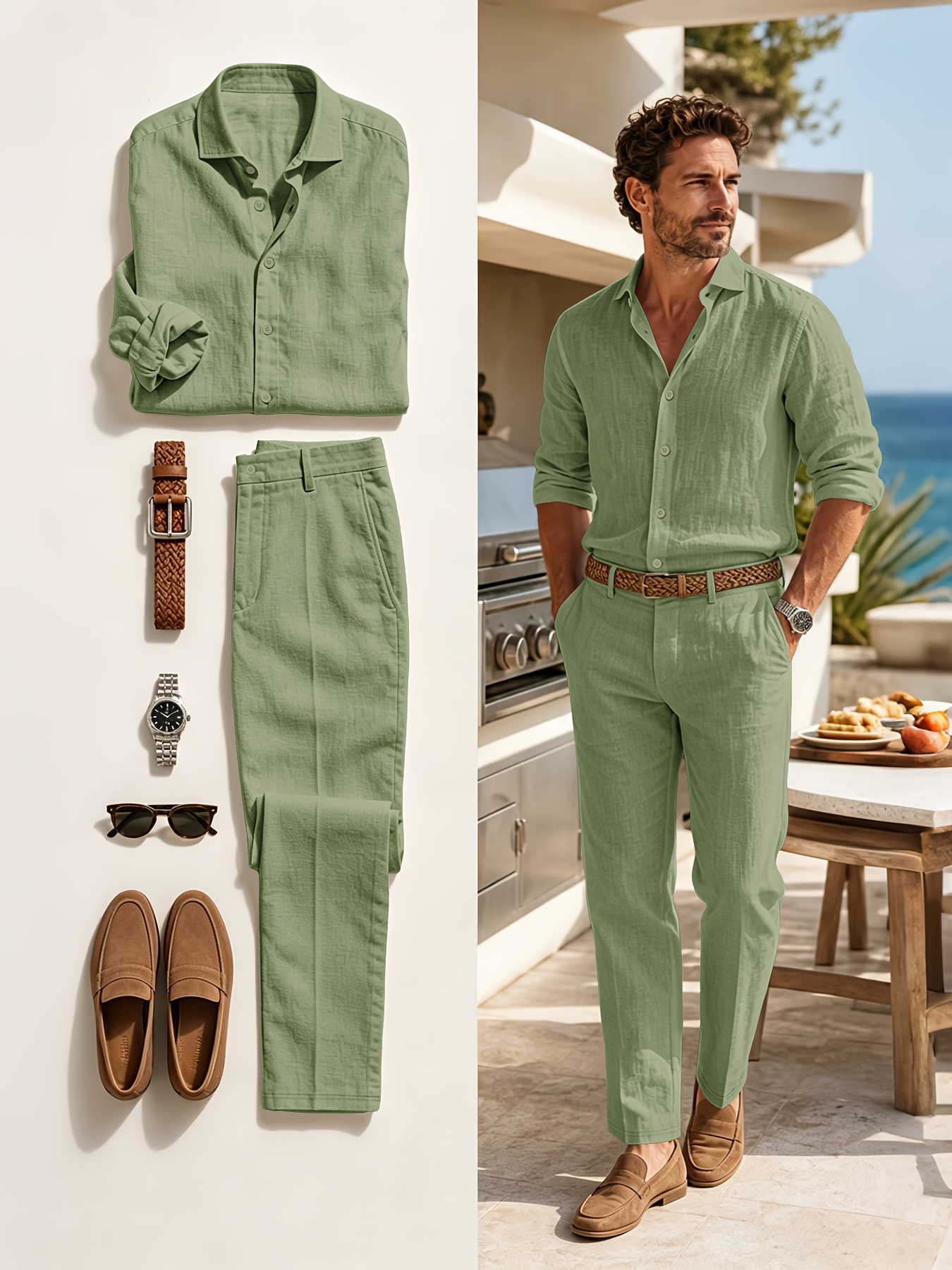 ensemble chemise en lin à col   manches longues mince et pantalon droit pour homme printemps automne nouveau, solide à taille élastique, tendance mode confortable,     sortie sport vacances rue 2 pièces 0