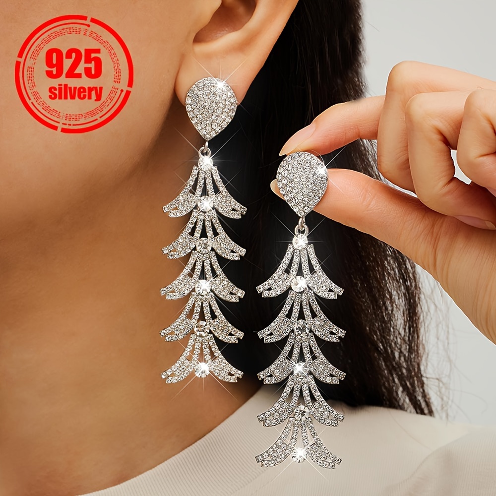 

Elegant 2pcs Set Women' Dangle Earrings - 925 Silvery Needle, Synthetic Zirconia, Long For Parties &