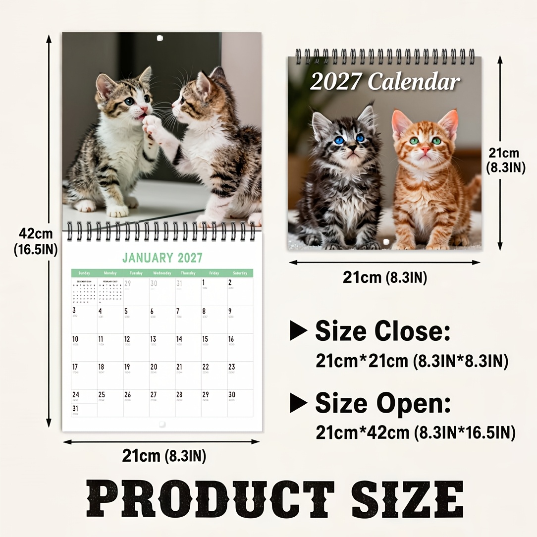 TEMU 1pc Maine Coon Kittens Wall Calendar 2027 - Adorable Monthly Hanging Calendar With 2 Fluffy Kittens, Suitable For Decor, Layered Hanging Sheets
