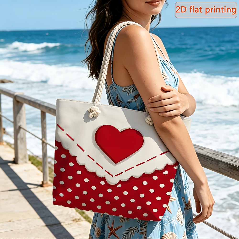TEMU 1pc 2d Flat Women's Large Capacity Travel Tote Bag, Heart-shaped Red Polka Dot Print - Fiber Beach Bag, Double Comfortable Handles And Removable
