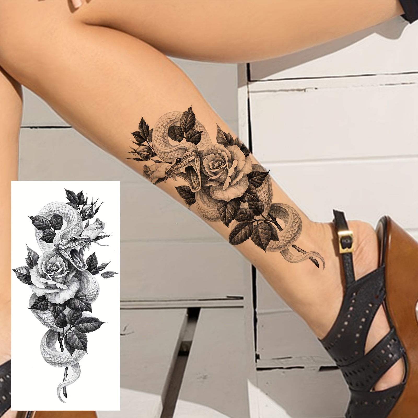 

1 Sheet Of Sexy Black Snake And Roses Temporary Tattoo For Women, Waterproof Fake Sleeve Tattoo Stickers For Arm, Thigh, Adult Floral Body Art Decals, Oblong Shape