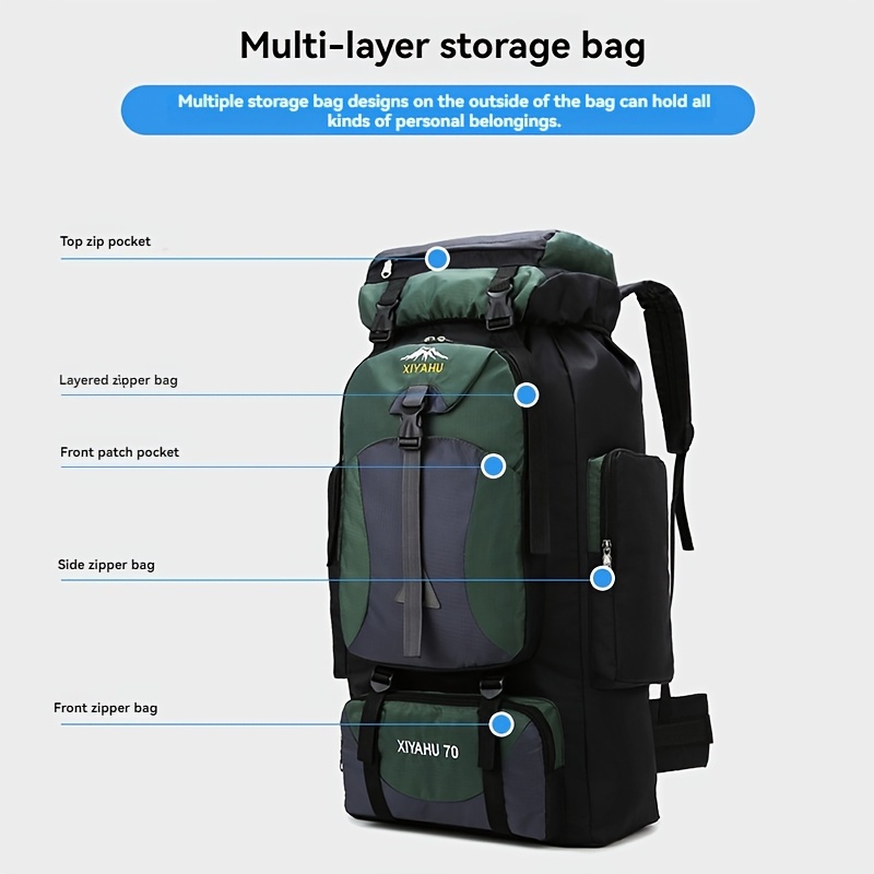 XTIAO 70L High-Capacity Backpack - Lightweight, Durable Nylon Sports Bag with Adjustable Straps, Multiple Compartments for Hiking, Camping & Outdoor Adventures - Available in Black, Green, Red, Backpack for Travel