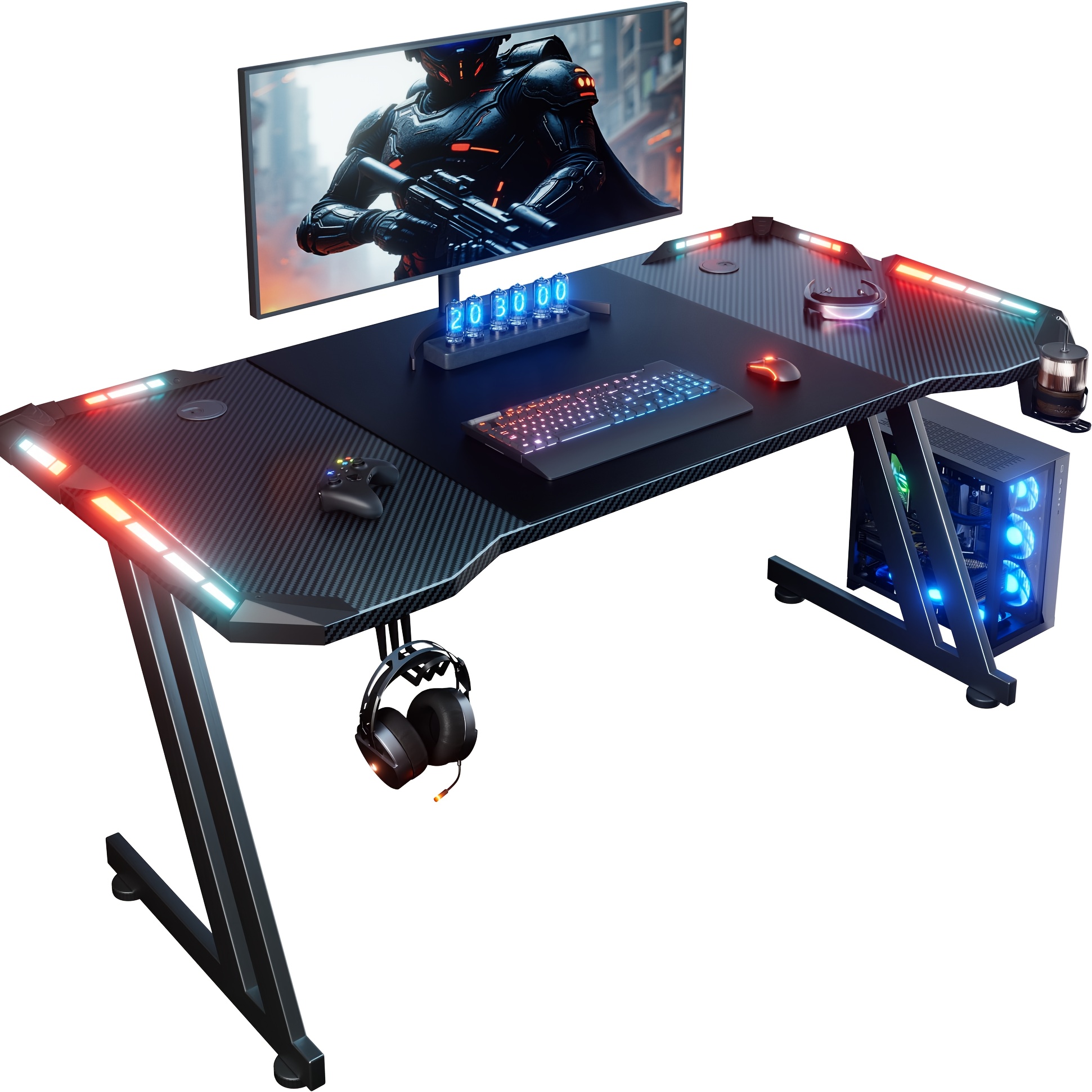 TEMU Furnishia 47/55/63 Inch Z Shaped Gaming Table With Led Lights, Carbon Fiber Table Top & Oversized Mouse Pad Computer Desk, Office Desks With Cup