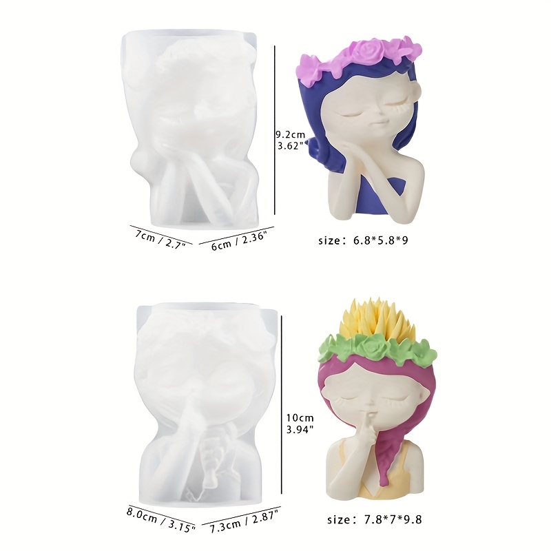 Image of 2pcs Concrete Vase Silicone Mold Handmade Girl Head Shaped Flower Pot Plaster Epoxy Resin Pen Holder Molds Home Decor Supplies