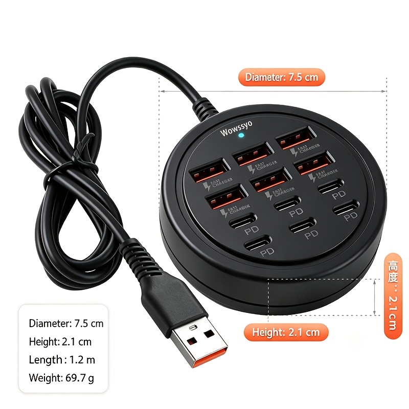 TEMU Wowssyo de carga rápida USB-C 66W 12 en 1, 6 puertos USB + 6 puertos Tipo-C PD, estación de carga multipuerto, compatible con concentradores USB