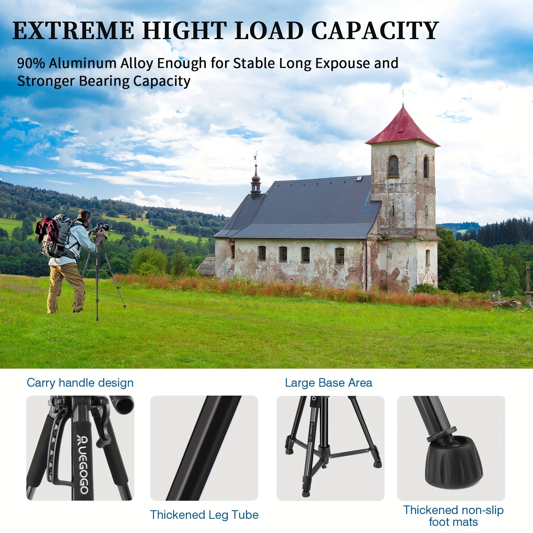 1pz   60-inch supporto tripode in   di alluminio professionale con testa gimbal,   per fotocamera mirrorless/dslr/camcorder/cellulare,   borsa di stoccaggio e clip per telefono Dettagli dell'articolo 3