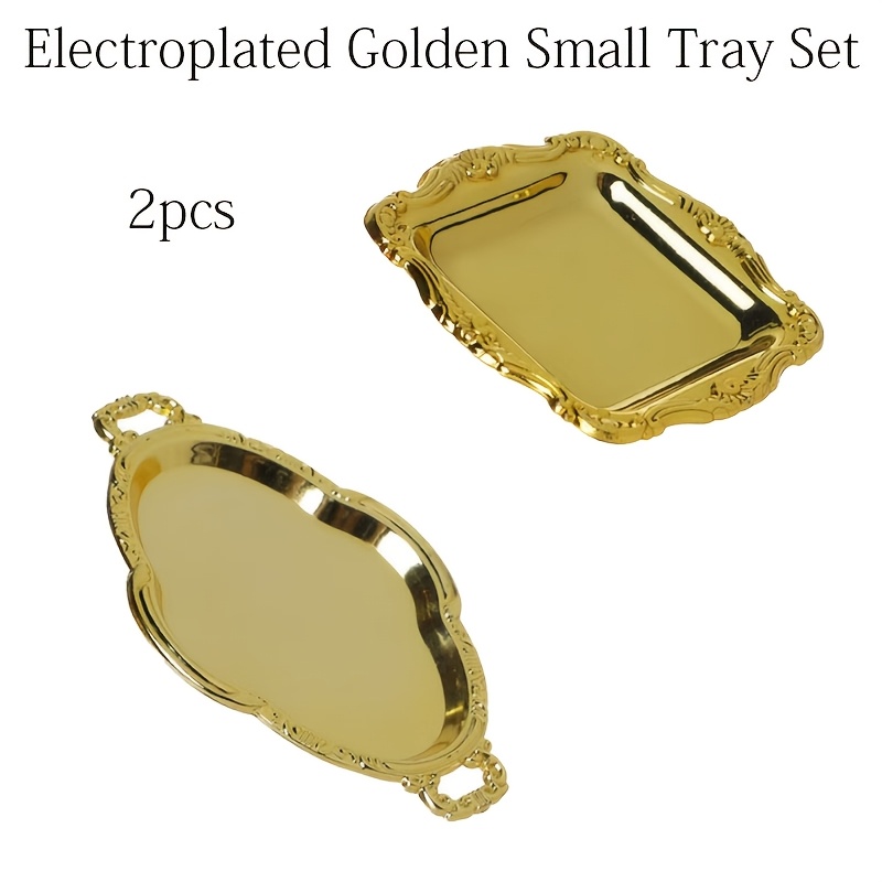 TEMU 2pcs Vintage Carved Gold Plated Tray Set, European Jewelry And Dessert Display Trays. End, Embossed Retro Patterns. Store Jewelry . Perfect For