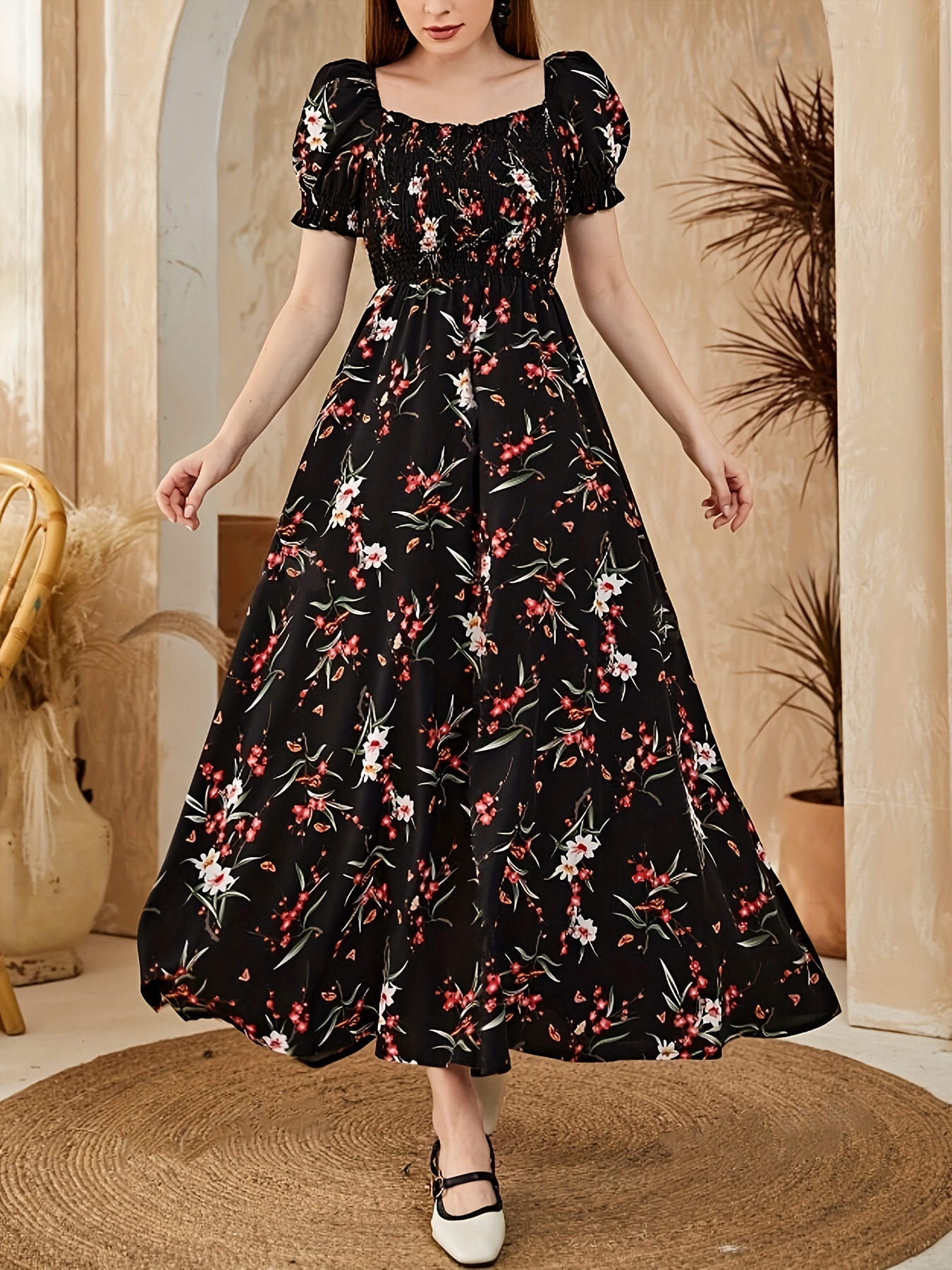 Newness Floral Print A Line Shirred Dress in a flattering pose