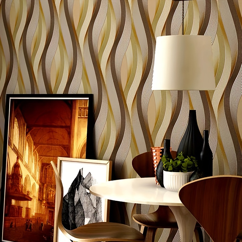 

Gold-hued S-striped Self-adhesive Vinyl Wallpaper - Shapes & Stripes Style, Easy Install Peel And Stick Wall Covering, Ideal For Room Decor, Walls, Furniture, Living Spaces, 17.71" X 236.22" - 1 Roll