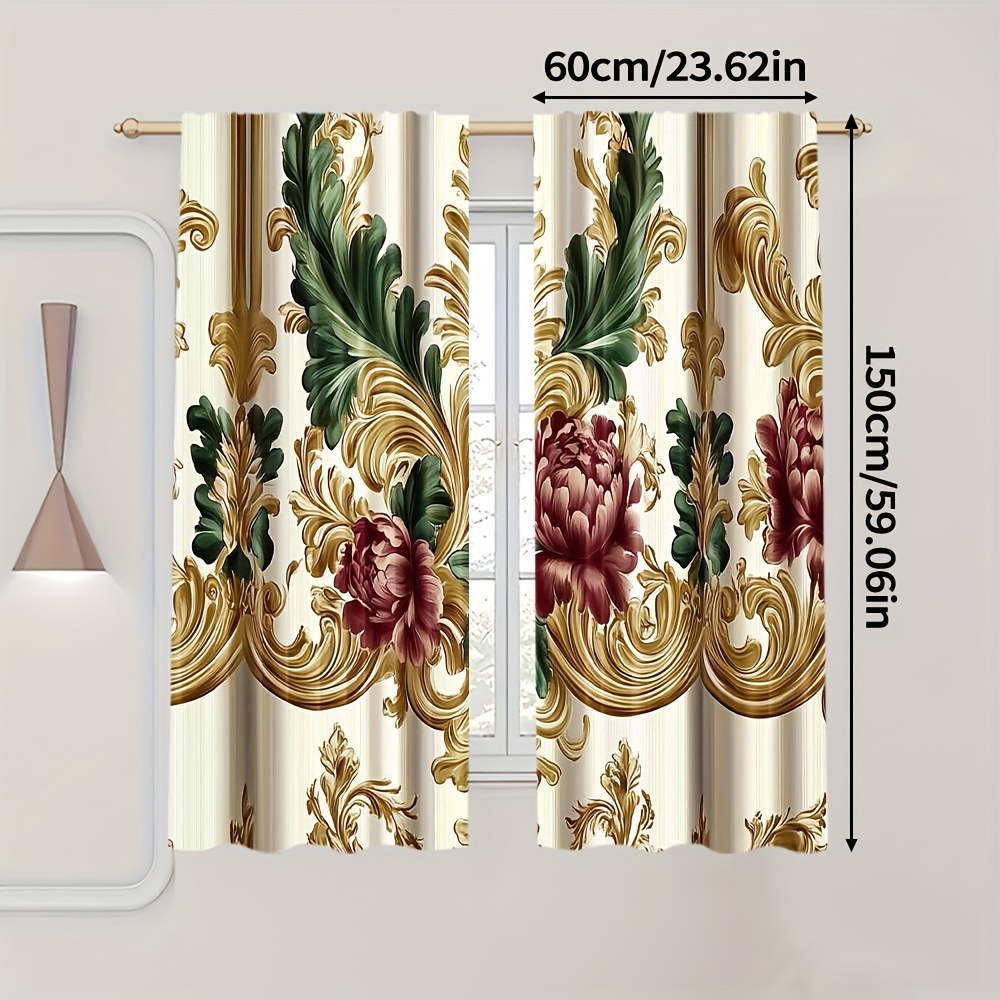 TEMU 2pcs Luxury Curtains - Golden & Green Floral Pattern, 100% Polyester Light Filtering Rod Pocket Drapes For Living Room, Bedroom, Kitchen, Office