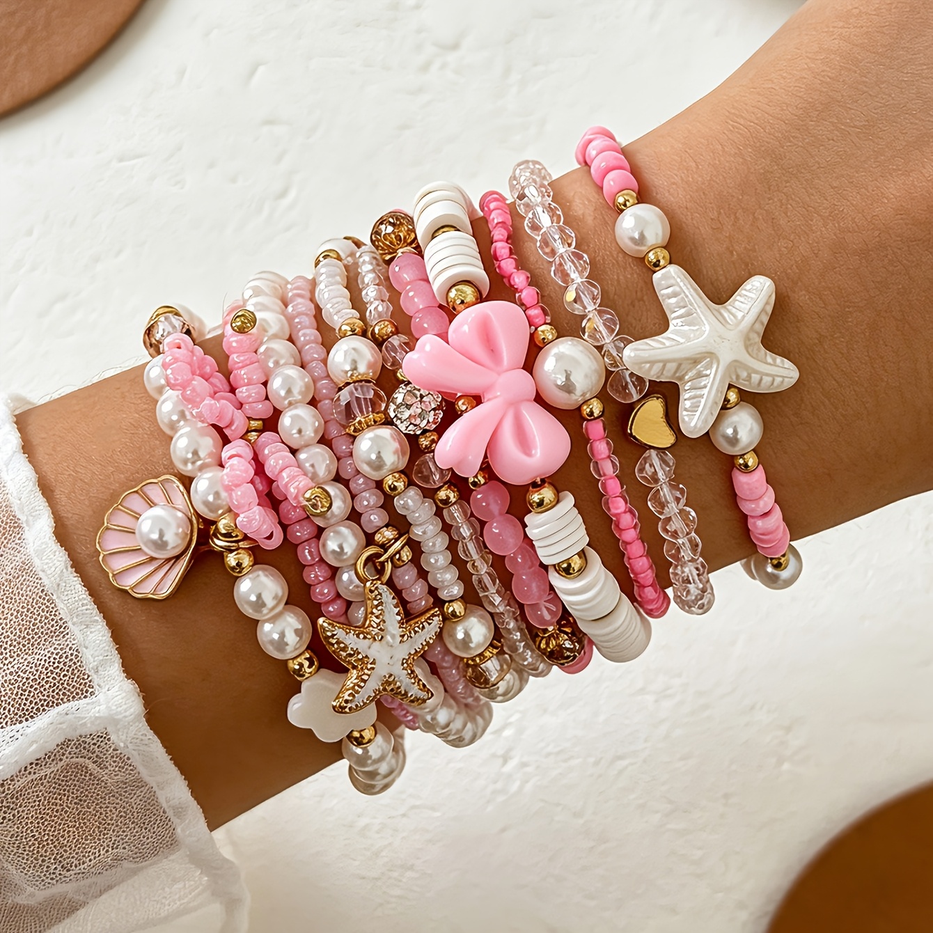 TEMU 11pcs Set Alloy Pendant Handmade Beaded -like And -like Glass Bead Stretch Bracelet Set, Bohemian Style Sexy And Fashionable Pink Bow Heart