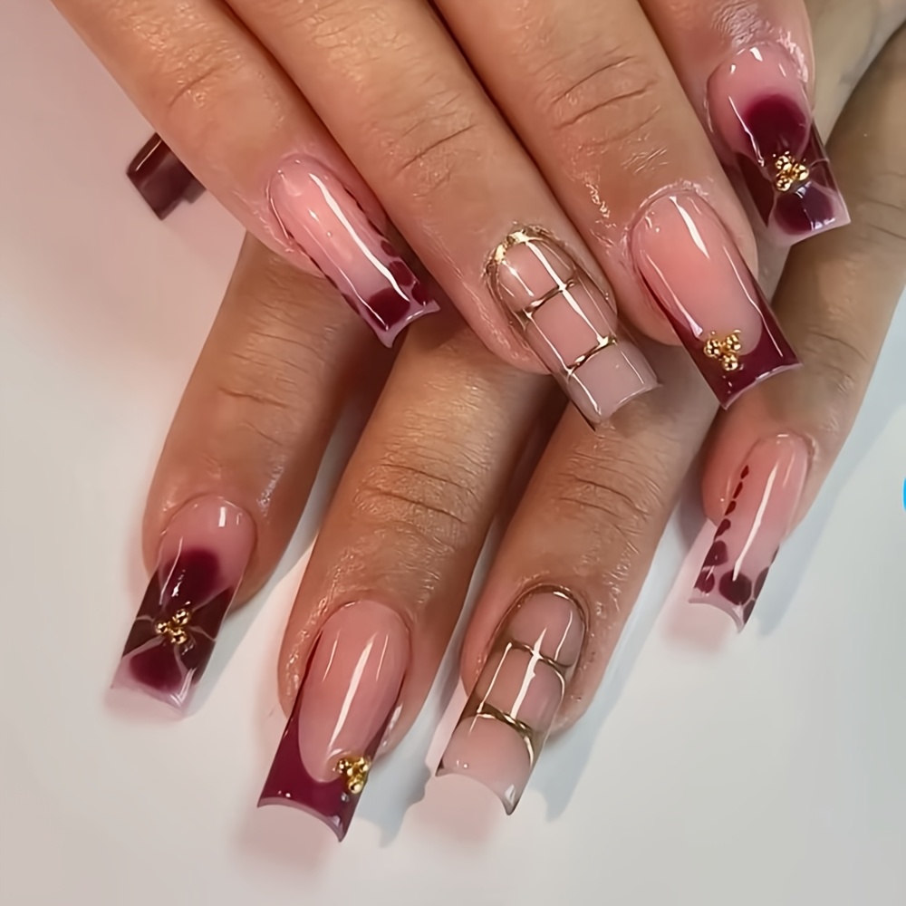 TEMU 24pcs Red Wine Leopard Print French Tip Press On Nails, Long Square Y2k Grunge Fake Nails With Art Charm, Reusable Acrylic False Nails For Women