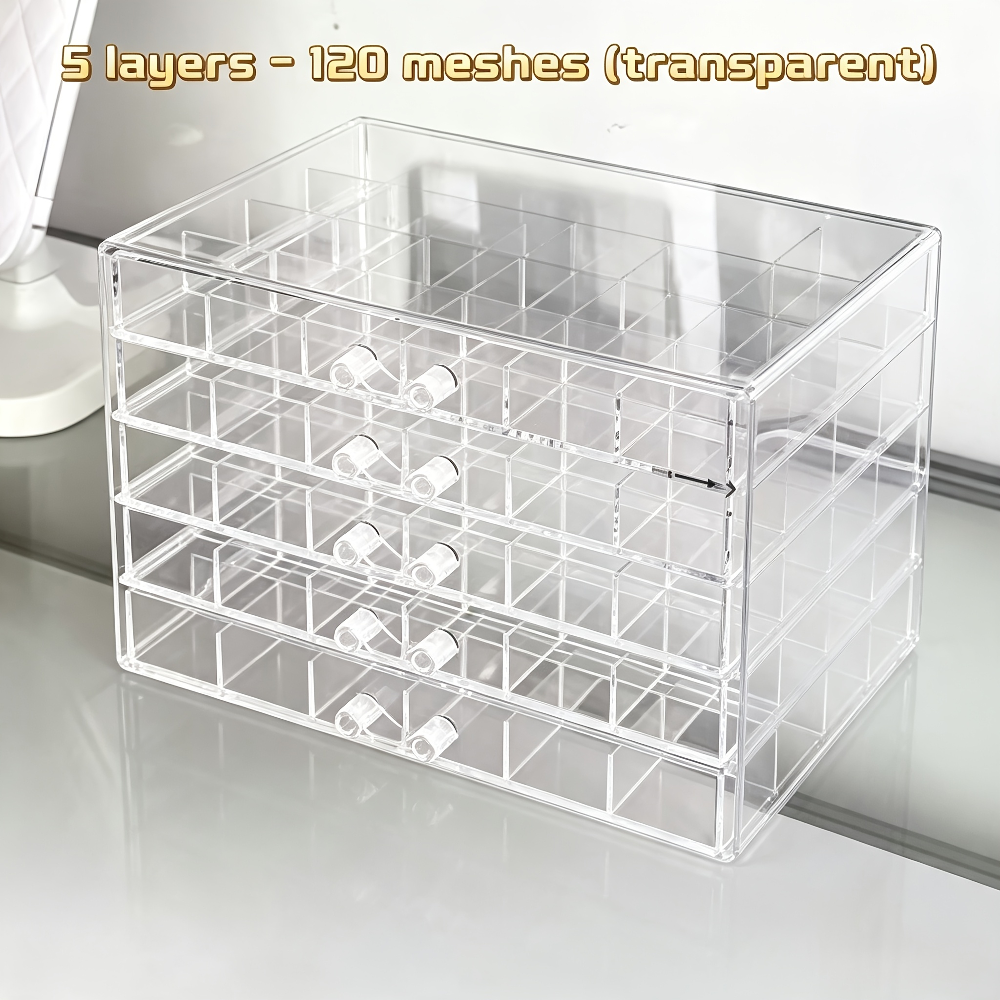 TEMU Acrylic Jewelry Storage Box, 3-layer 72 Grids/5-layer 120 Grids Drawer Organizer, 27×19×14.5cm-19.5cm, Clear & Smoke Black Option, Desktop