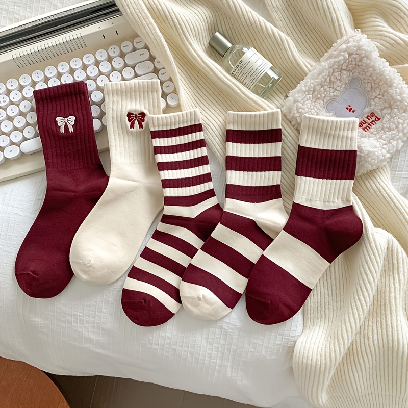 E-shop 5 Paar bequeme, modische, vielseitige Anzügige rote Anzüg-Socken mit Schleife für Teenager, für Teenager