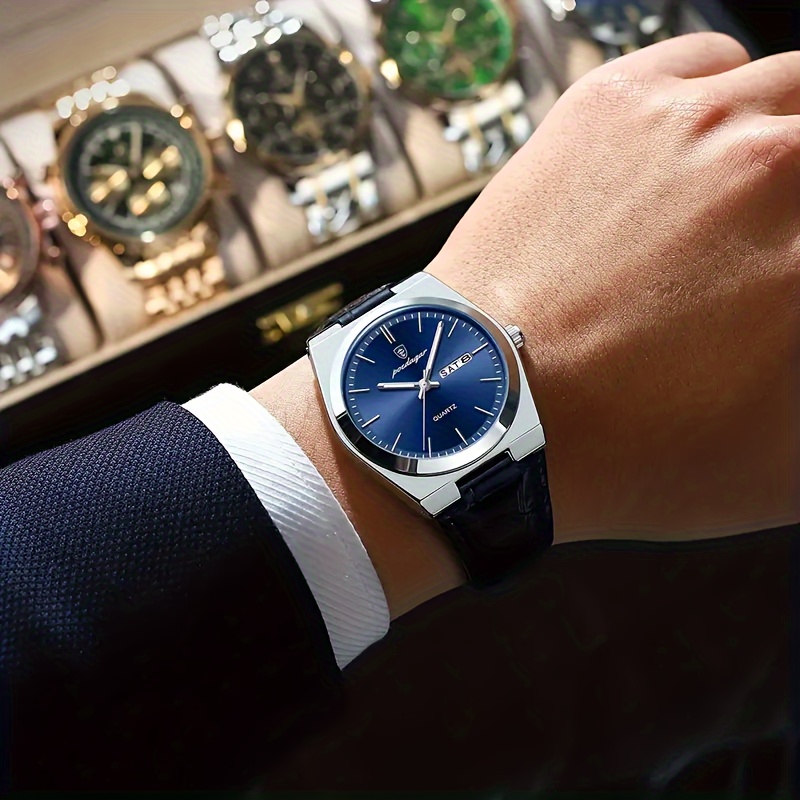 mens quartz   style luminous dial round case with blue pu leather strap date function strong luminescent hands non rechargeable button battery alloy case wristwatch details 3