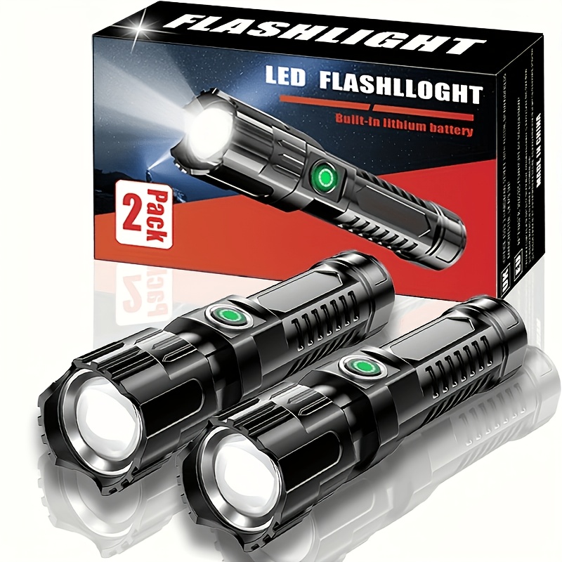 TEMU 2pcs Led Tactical Flashlights, 3 , Rechargeable Floodlight Portable Camping Flashlight, Built-in 400mah Lithium Battery, For Outdoor Hiking And