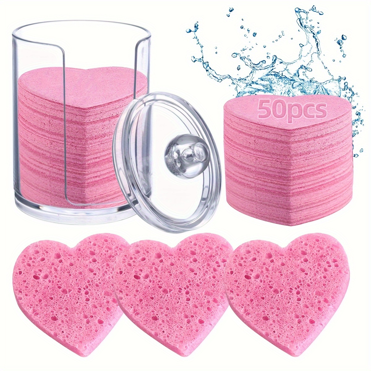 

50-pack Heart-shaped Compressed Face Sponges With Container - Hypoallergenic, -free, Unscented, Reusable For Types - Natural Cellulose & Makeup Remover