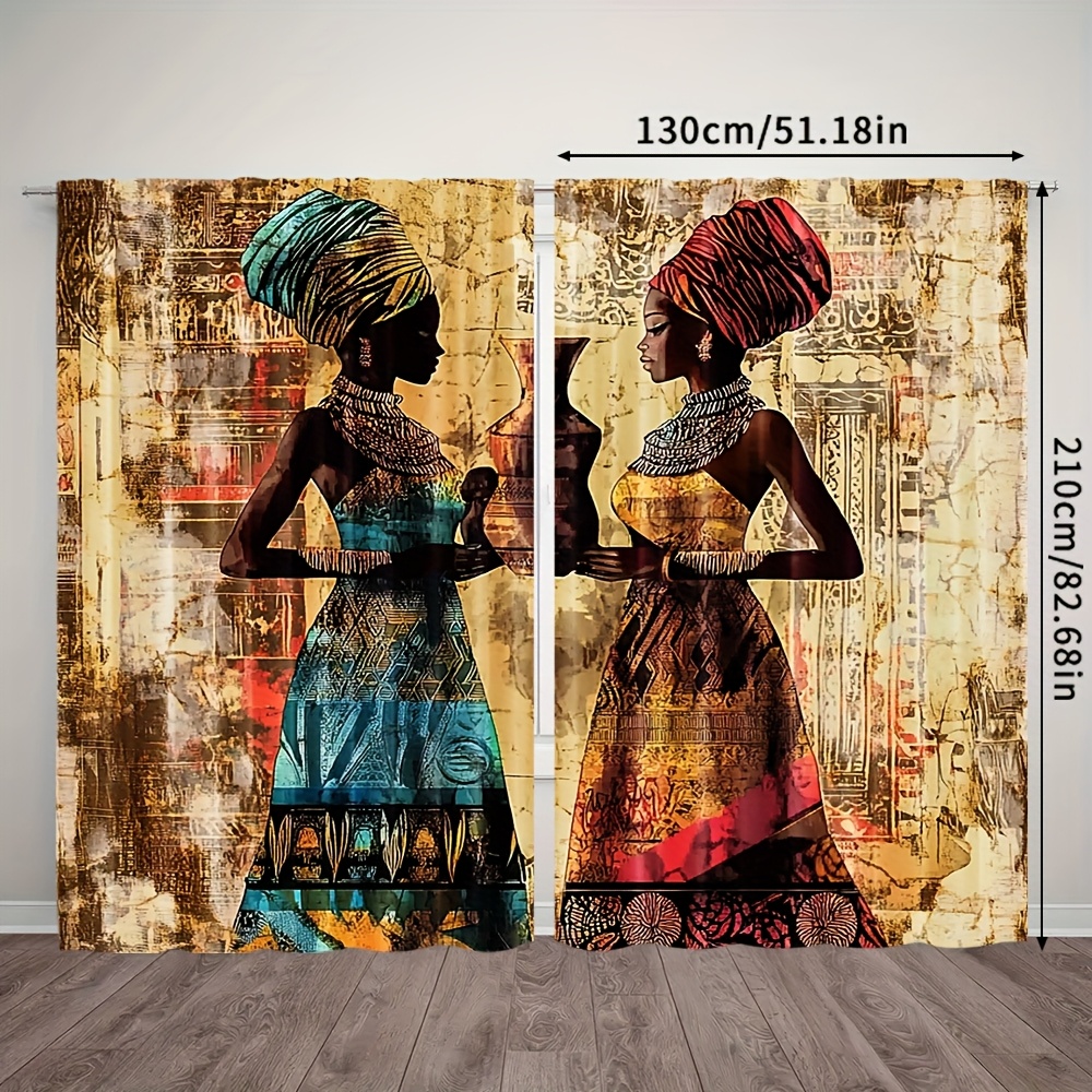 TEMU 2pcs Boho Chic Women Print Curtains - Polyester Window Treatments With Vibrant African Art Design, Light-filtering, Perfect For Bedroom, Living