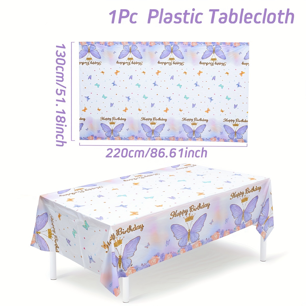 TEMU 1pc Butterfly Theme Birthday Party Plastic Tablecloth - Durable Table Cover For Festive Celebrations - Versatile Ages - 220x130cm Celebration Decor With Happy Birthday Print