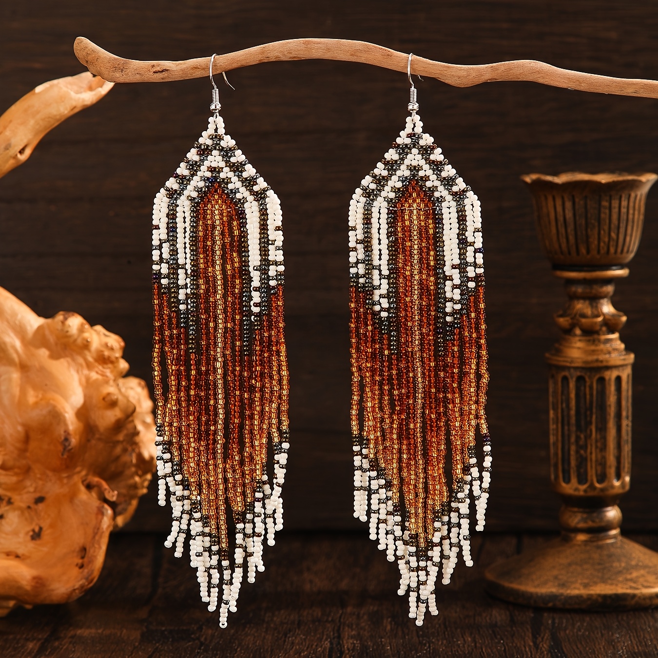 Image of A Pair Of Women's Stylish Tassel Earrings Bohemian Gradient Geometric Pattern Glass Rice Beads Hand-woven Beaded Beads Suitable For Everyday Wear Wear Everything Suitable As A Holiday Gift To