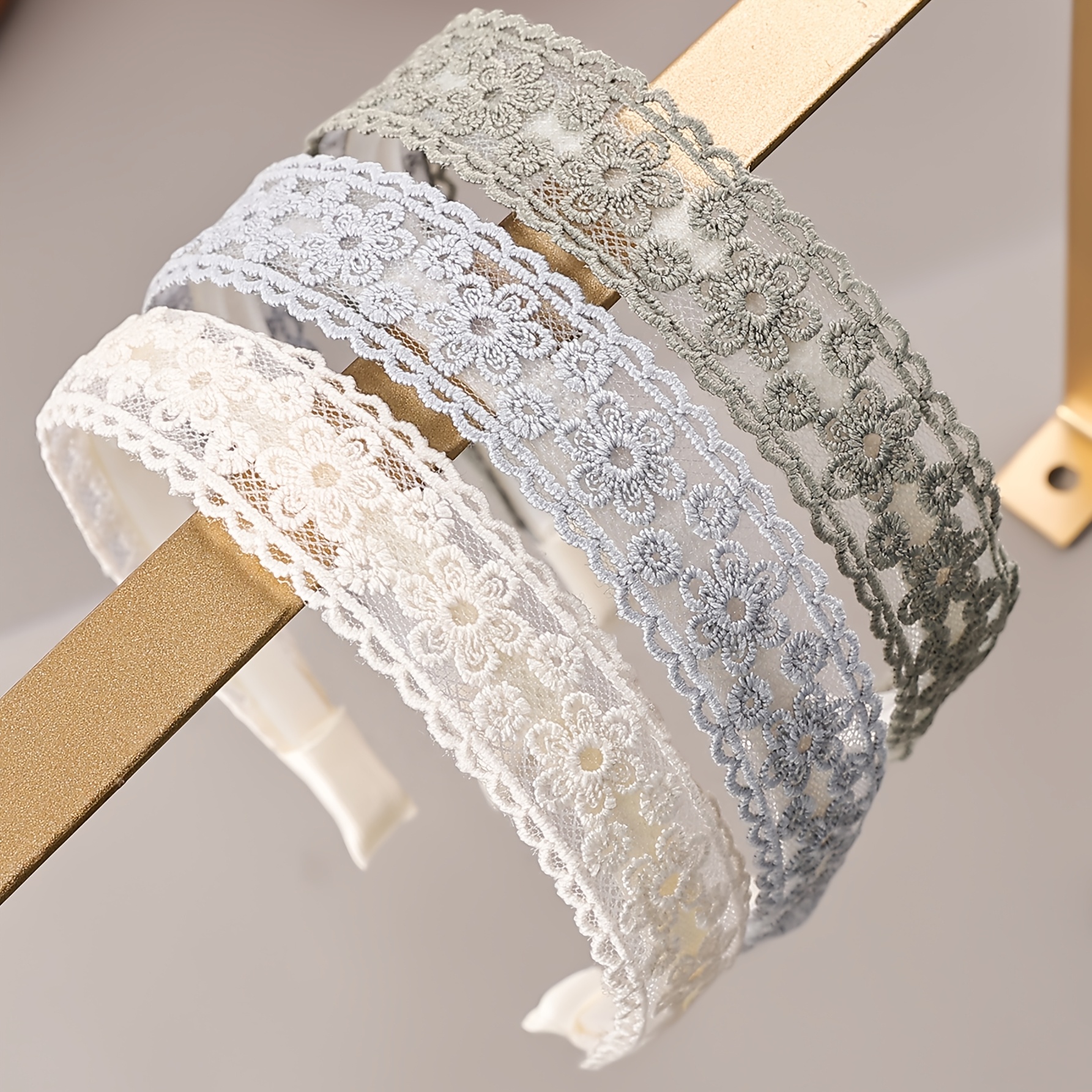 TEMU 3pcs Set Of Multi-colored Floral Embroidered Lace Headbands For Women, Fashionable Lace-trimmed Hairbands