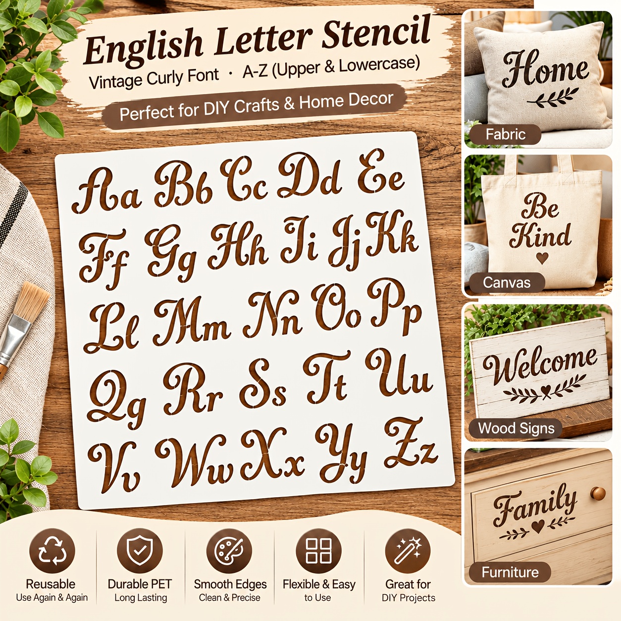 TEMU Set stencil per calligrafia riutilizzabili - Adatti per tessuto, tela, pareti e mobili con lettere maiuscole e minuscole -Z, modelli per scritte