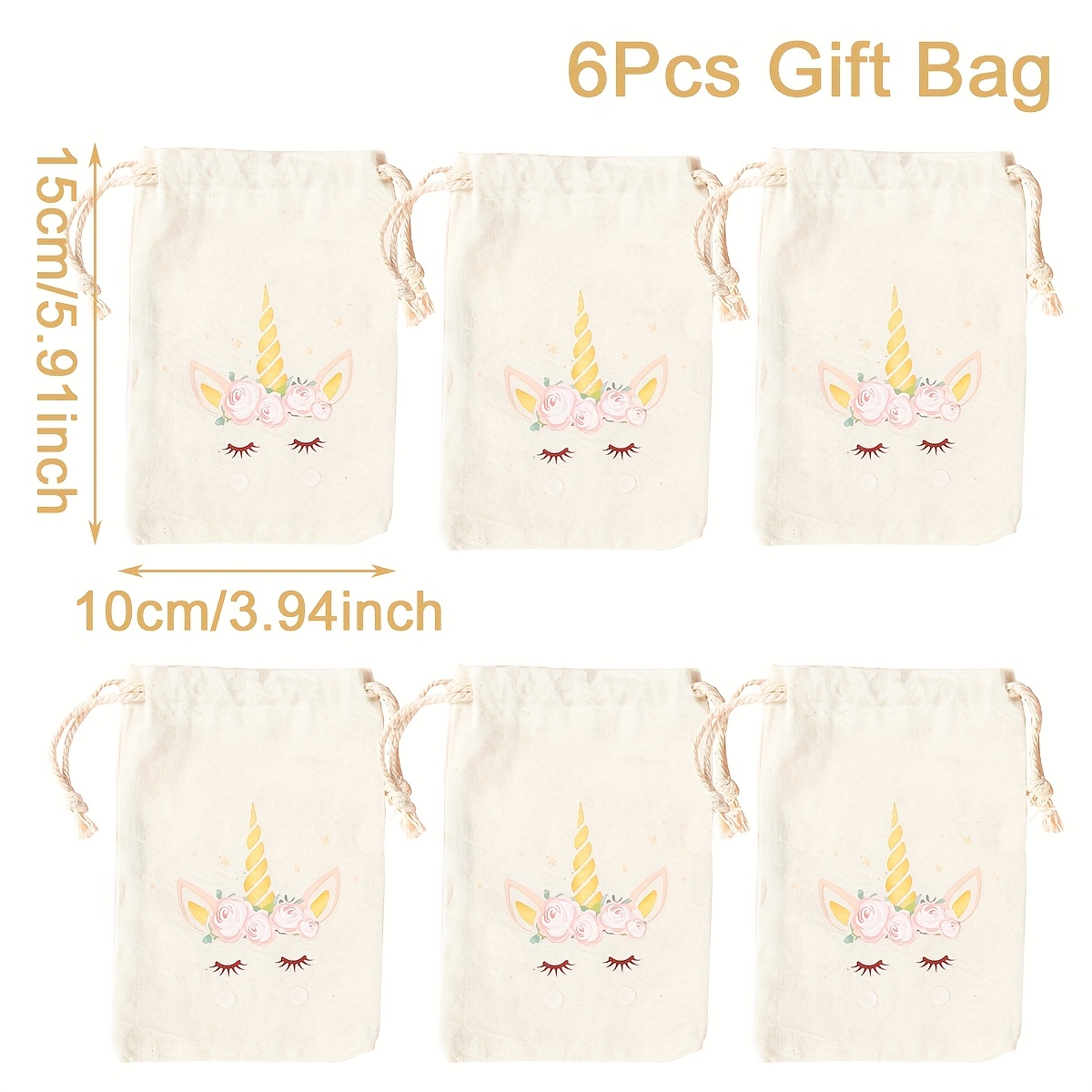 Image of 6pcs Horn Horse Themed Gift Bags For Birthdays & Weddings - Cotton Party Favor Pouches For Guests
