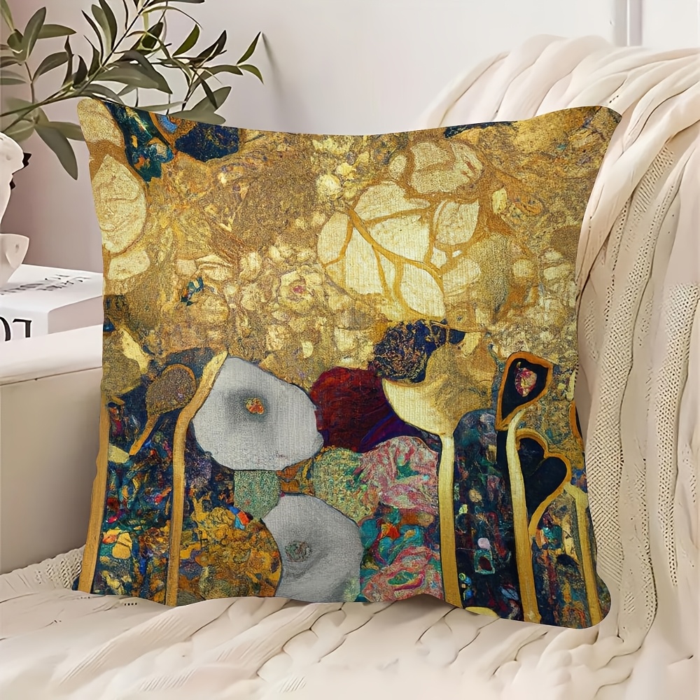 

1pc Klimt Golden Throw Pillow Cover, Contemporary Style, Double-sided Print, Machine Washable, Zipper Closure, 18x18 Inch, Polyester Decorative With For Room Types, No Insert